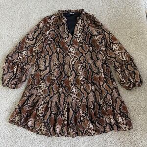 Express Dress Womens S Brown Animal Print Long Sleeve V Neck Ruffle Swing Short